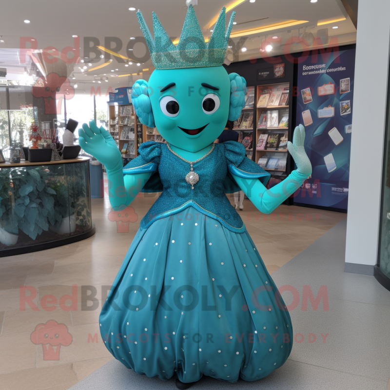Teal Queen mascot costume character dressed with a Midi Dress and Gloves Teal Queen mascot costume character dressed with a Midi Dress and Gloves