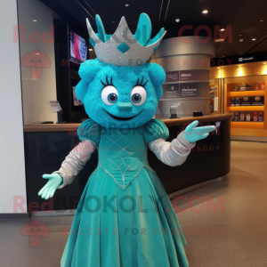 Teal Queen mascot costume character dressed with a Midi Dress and Gloves