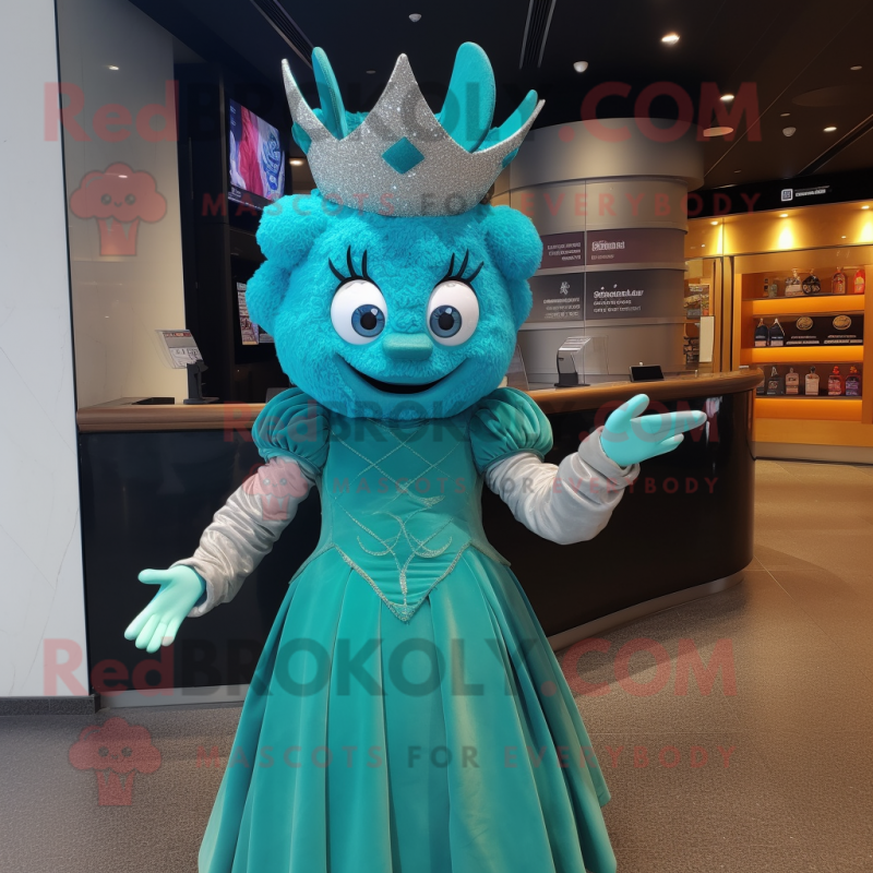 Teal Queen mascot costume character dressed with a Midi Dress and Gloves Teal Queen mascot costume character dressed with a Midi Dress and Gloves