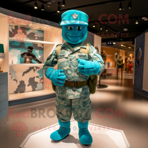 Turquoise American Soldier mascot costume character dressed with a Jumpsuit and Bracelets