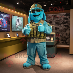 Turquoise American Soldier mascot costume character dressed with a Jumpsuit and Bracelets