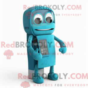 Fantasia de mascote de computador turquesa com jeans e presilhas para cachecol - Mascotes de computador - RedBrokoly.com
