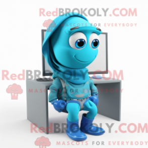 Fantasia de mascote de computador turquesa com jeans e presilhas para cachecol - Mascotes de computador - RedBrokoly.com
