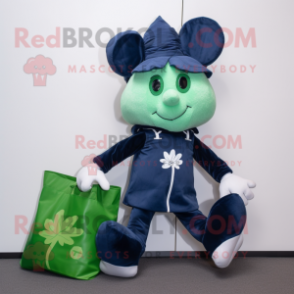 Navy Four Leaf Clover mascot costume character dressed with a Bootcut Jeans and Tote bags