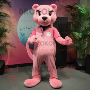 Pink Jaguarundi mascot costume character dressed with a Graphic Tee and Shoe laces