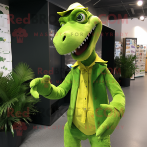 Lime Green Coelophysis mascot costume character dressed with a Jacket and Hairpins