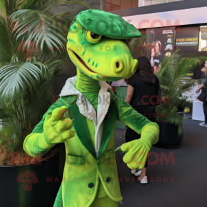 Lime Green Coelophysis mascot costume character dressed with a Jacket and Hairpins