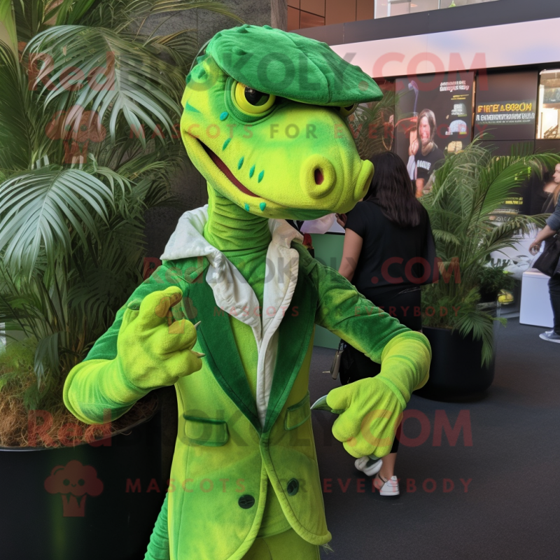 Lime Green Coelophysis mascot costume character dressed with a Jacket and Hairpins Lime Green Coelophysis mascot costume character dressed with a Jacket and Hairpins