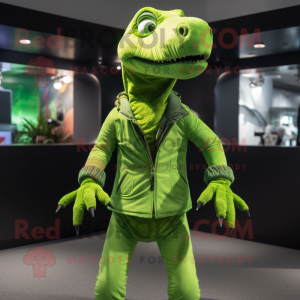 Lime Green Coelophysis mascot costume character dressed with a Jacket and Hairpins