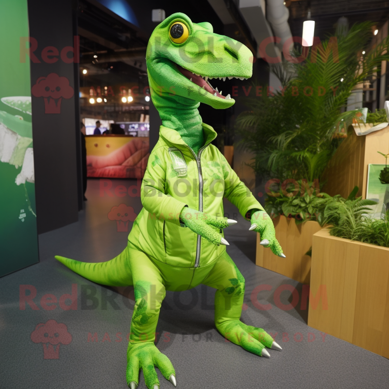 Lime Green Coelophysis mascot costume character dressed with a Jacket and Hairpins