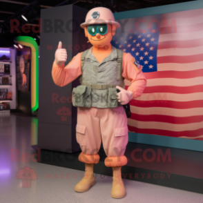 Peach American Soldier mascot costume character dressed with a Playsuit and Belts