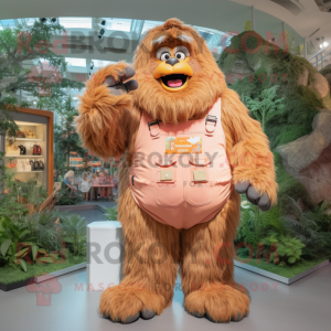 Peach Sasquatch mascot costume character dressed with a Dungarees and Coin purses