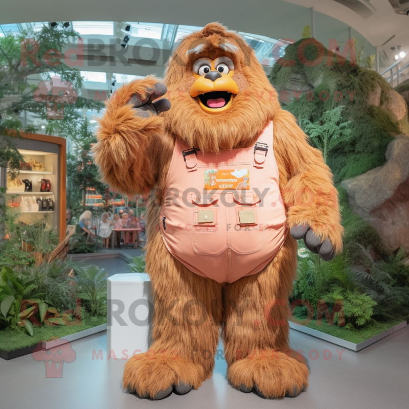 Peach Sasquatch mascot costume character dressed with a Dungarees and Coin purses