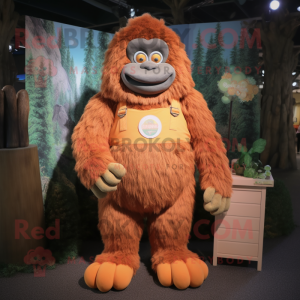 Peach Sasquatch mascot costume character dressed with a Dungarees and Coin purses