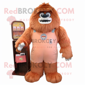 Peach Sasquatch mascot costume character dressed with a Dungarees and Coin purses