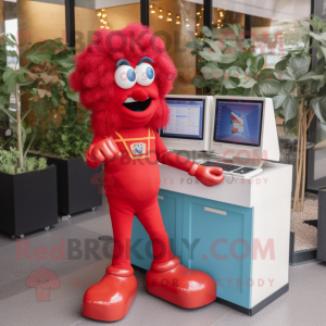 Red Computer mascot costume character dressed with a Mom Jeans and Hairpins