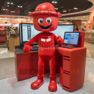 Red Computer mascot costume character dressed with a Mom Jeans and Hairpins