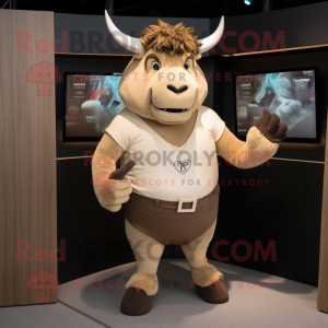 Beige Minotaur mascot costume character dressed with a V-Neck Tee and Pocket squares