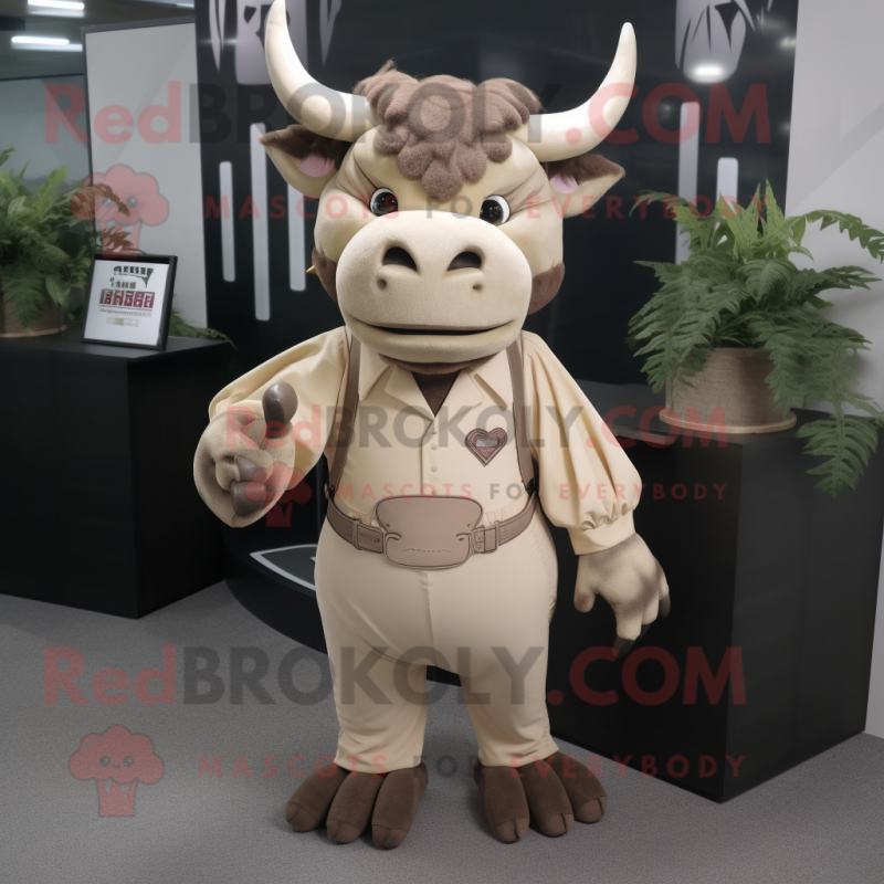 Beige Minotaur mascot costume character dressed with a V-Neck Tee and Pocket squares