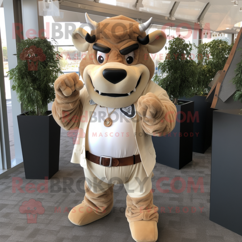 Beige Minotaur mascot costume character dressed with a V-Neck Tee and Pocket squares Beige Minotaur mascot costume character dressed with a V-Neck Tee and Pocket squares