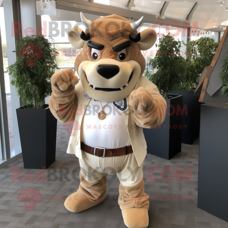 Beige Minotaur mascot costume character dressed with a V-Neck Tee and Pocket squares