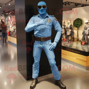 Sky Blue Gi Joe mascot costume character dressed with a Jeans and Bracelet watches