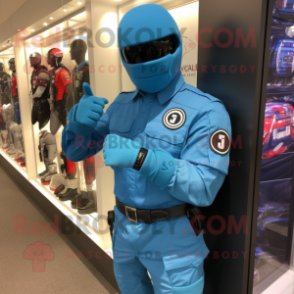 Sky Blue Gi Joe mascot costume character dressed with a Jeans and Bracelet watches