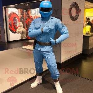 Sky Blue Gi Joe mascot costume character dressed with a Jeans and Bracelet watches