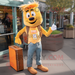 Gold Shepard'S Pie mascot costume character dressed with a Boyfriend Jeans and Briefcases