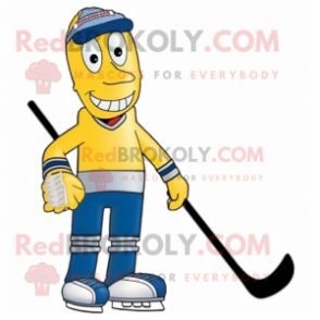 Gold Ice Hockey Stick mascot costume character dressed with a Mom Jeans and Shoe laces