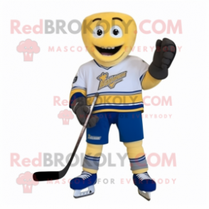 Gold Ice Hockey Stick mascot costume character dressed with a Mom Jeans and Shoe laces