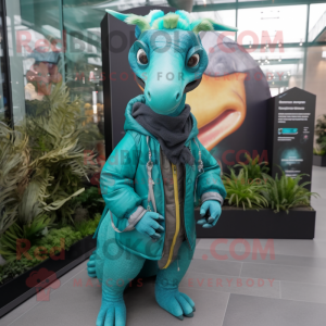 Teal Parasaurolophus mascot costume character dressed with a Parka and Necklaces