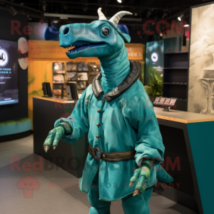 Teal Parasaurolophus mascot costume character dressed with a Parka and Necklaces