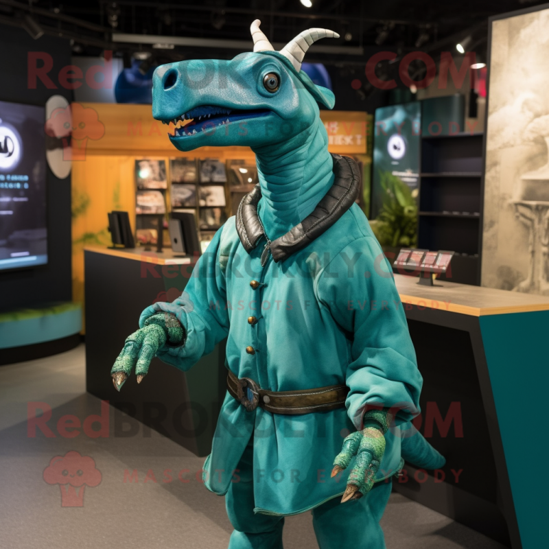 Teal Parasaurolophus mascot costume character dressed with a Parka and Necklaces Teal Parasaurolophus mascot costume character dressed with a Parka and Necklaces
