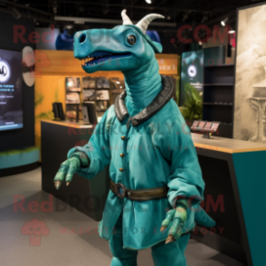 Teal Parasaurolophus mascot costume character dressed with a Parka and Necklaces