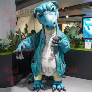 Teal Parasaurolophus mascot costume character dressed with a Parka and Necklaces