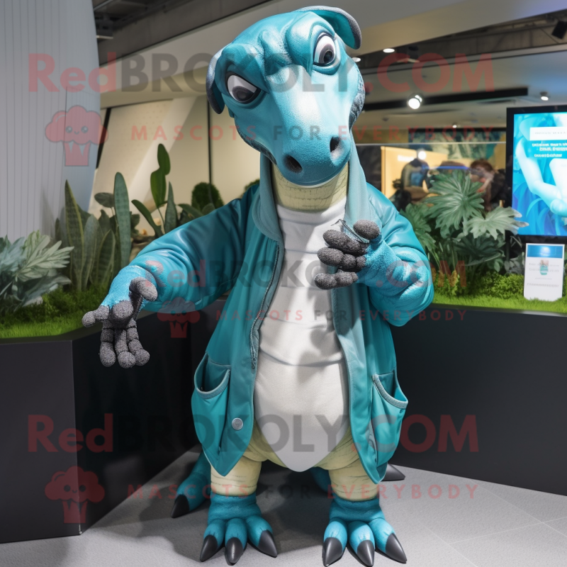 Teal Parasaurolophus mascot costume character dressed with a Parka and Necklaces Teal Parasaurolophus mascot costume character dressed with a Parka and Necklaces