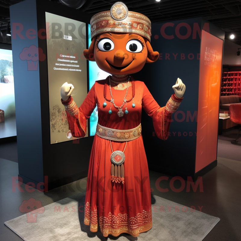 Rust Pho mascot costume character dressed with a Empire Waist Dress and Bracelets