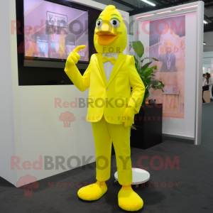 Lemon Yellow Hens mascot costume character dressed with a Suit Jacket and Foot pads