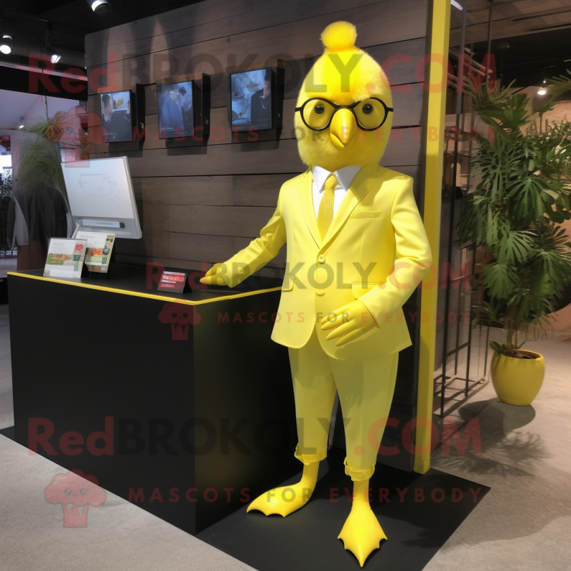 Lemon Yellow Hens mascot costume character dressed with a Suit Jacket and Foot pads