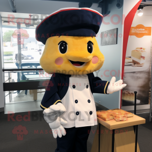 Navy Grilled Cheese Sandwich mascot costume character dressed with a Poplin Shirt and Caps