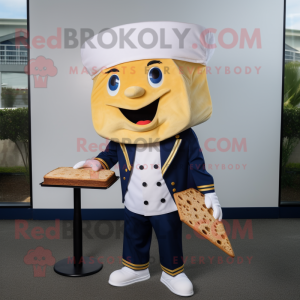 Navy Grilled Cheese Sandwich mascot costume character dressed with a Poplin Shirt and Caps
