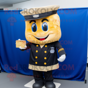 Navy Grilled Cheese Sandwich mascot costume character dressed with a Poplin Shirt and Caps