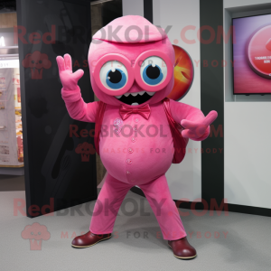 Pink Cyclops mascot costume character dressed with a Flare Jeans and Cufflinks
