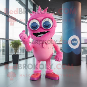 Pink Cyclops mascot costume character dressed with a Flare Jeans and Cufflinks