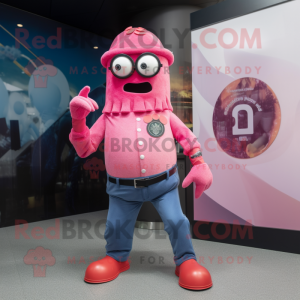 Pink Cyclops mascot costume character dressed with a Flare Jeans and Cufflinks