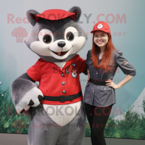 Gray Red Panda mascot costume character dressed with a Mini Skirt and Berets