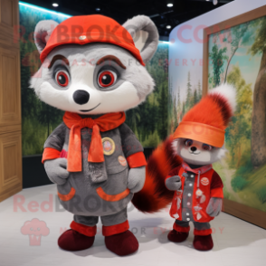 Gray Red Panda mascot costume character dressed with a Mini Skirt and Berets