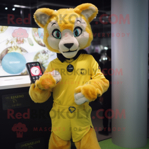Lemon Yellow Mountain Lion mascot costume character dressed with a Playsuit and Digital watches