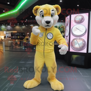 Lemon Yellow Mountain Lion mascot costume character dressed with a Playsuit and Digital watches